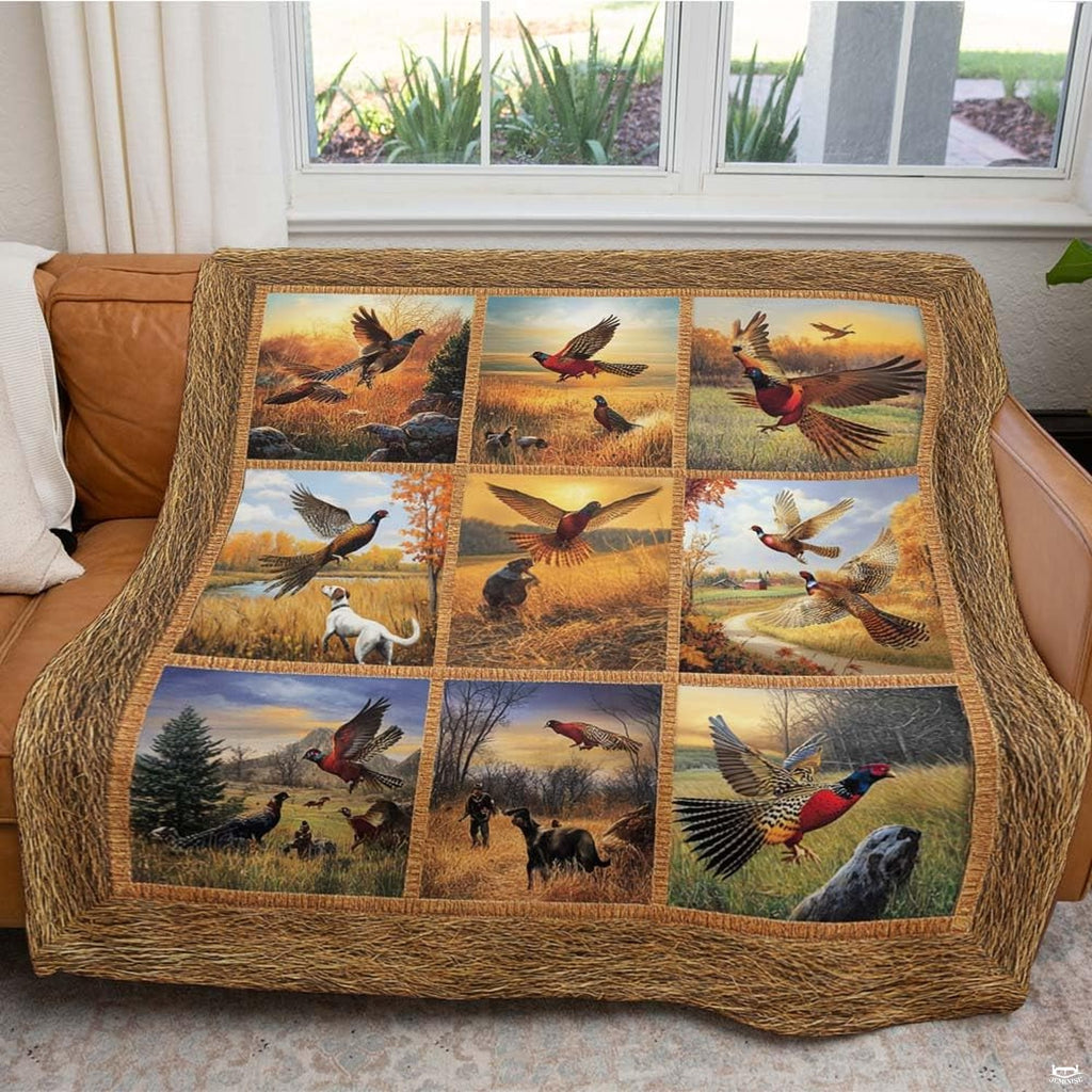 Nine-panel collage of flying pheasants, hunting dogs, and golden autumn fields, view 3.