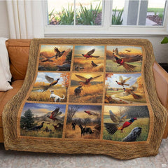 Nine-panel collage of flying pheasants, hunting dogs, and golden autumn fields, view 3.
