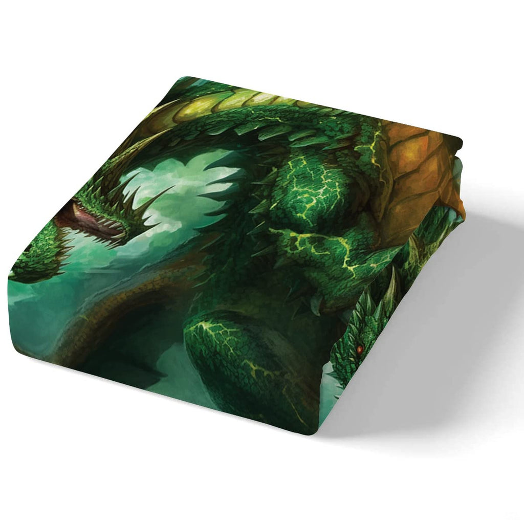 Detailed perspective of sharp horns and glowing embers on a fierce green dragon decorative bedroom piece.