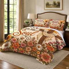 Close-up of sunflowers, daisies, and timber cross artwork on an inspirational bedding set