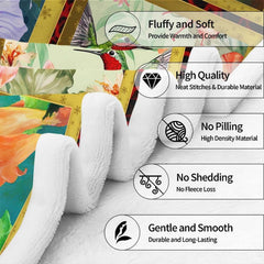 Artistic collage grid of hummingbirds and trumpet flowers coordinating with decorative bedroom styling.