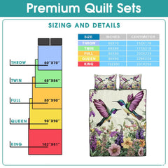 Full hummingbird meadow bedding design beside a reference sizing chart