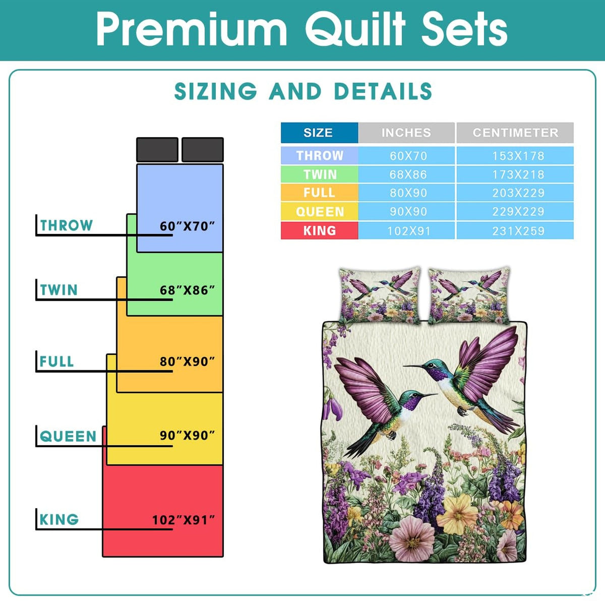 Full hummingbird meadow bedding design beside a reference sizing chart