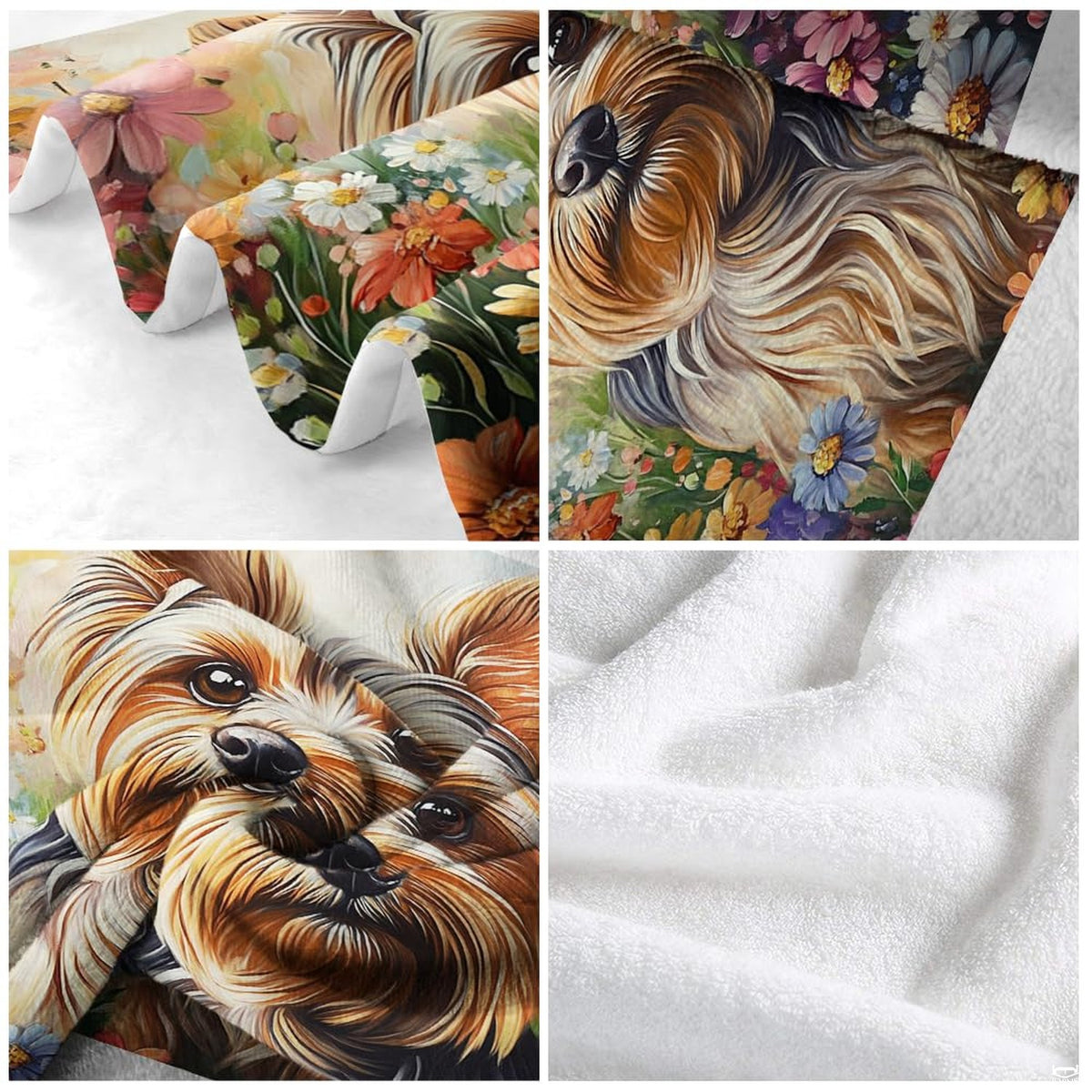 Oil painting portrait of Yorkshire terrier dog surrounded by garden wildflowers, view 5.