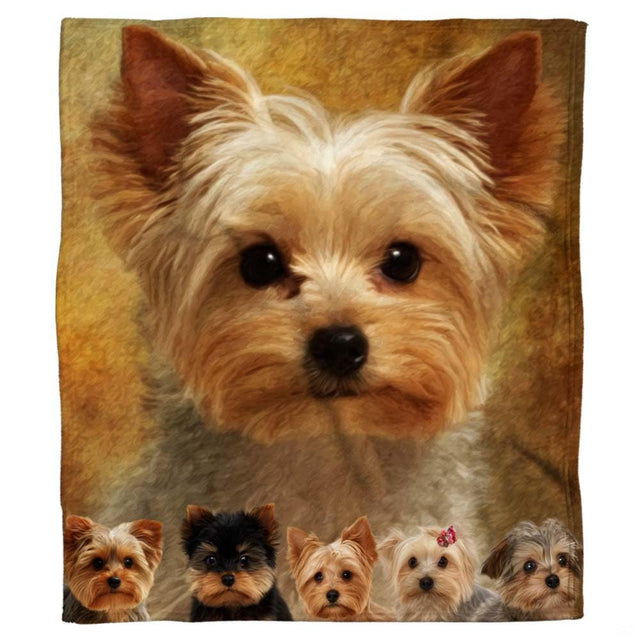 Close-up view of the painted Yorkshire Terrier face highlighting detailed fur texture, perky ears, and expressive dark eyes