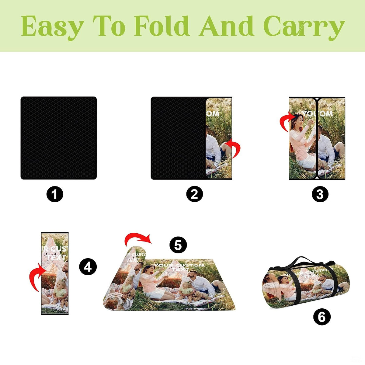 Matching family photography duffle bag and rolled picnic blanket on meadow grass