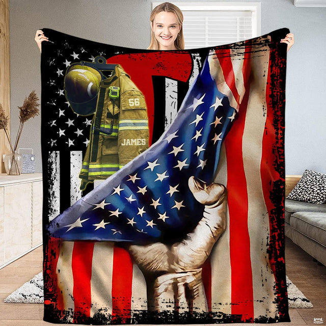 Patriotic firefighter tribute bedding set featuring distressed American flag art and turnout gear.