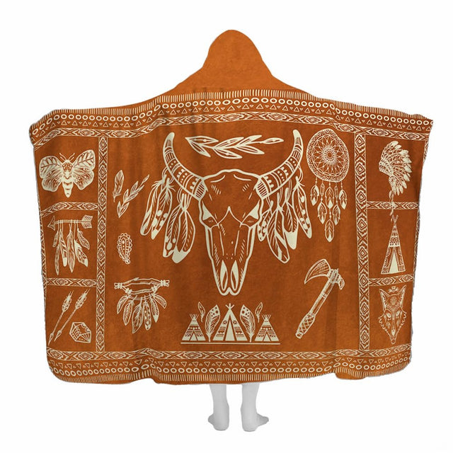 Southwestern bull skull terracotta throw blanket featuring a white line art steer skull and dreamcatchers