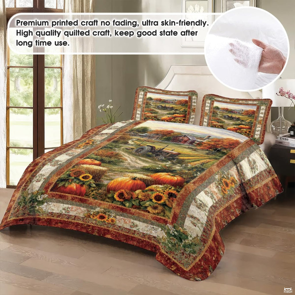 Top-down view of farmhouse autumn leaf bedding set arranged neatly on a wooden bedroom frame