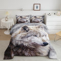 Grey wolf bedding mockup with oversized pale wolf portrait and amber eyes