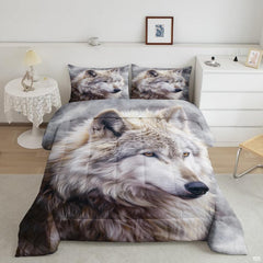 Grey wolf bedding mockup with oversized pale wolf portrait and amber eyes