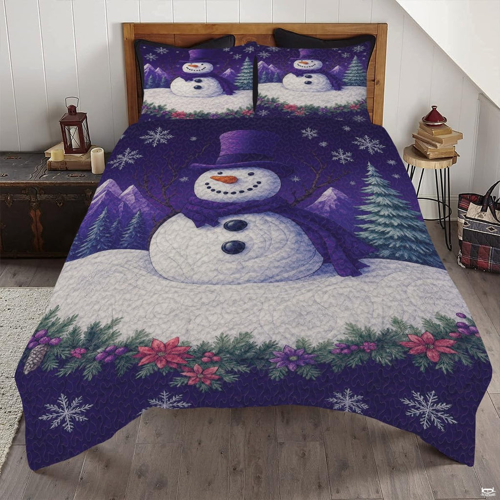 Midnight indigo and lilac snowman bedding set featuring festive winter snowman illustrations and snowflake motifs.