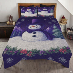 Midnight indigo and lilac snowman bedding set featuring festive winter snowman illustrations and snowflake motifs.