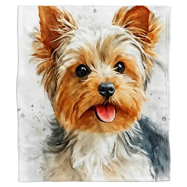 Close-up of the watercolor painted Yorkie face highlighting open mouth, pink tongue, and alert ears on a blanket