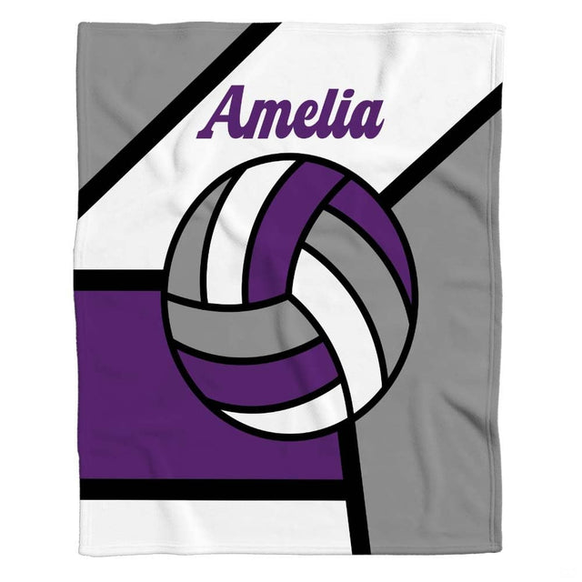 Modern geometric volleyball throw blanket with purple and grey diagonal color blocks