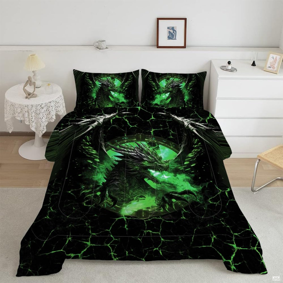 Virella Green Lava Dragon Comforter Set - Dragon Bedding Set, Soft Lightweight, Queen Size, Bedroom Decor
