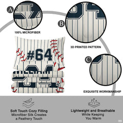 Overhead view of baseball sports decor bedding featuring athletic jersey lettering and pinstripe visual design.