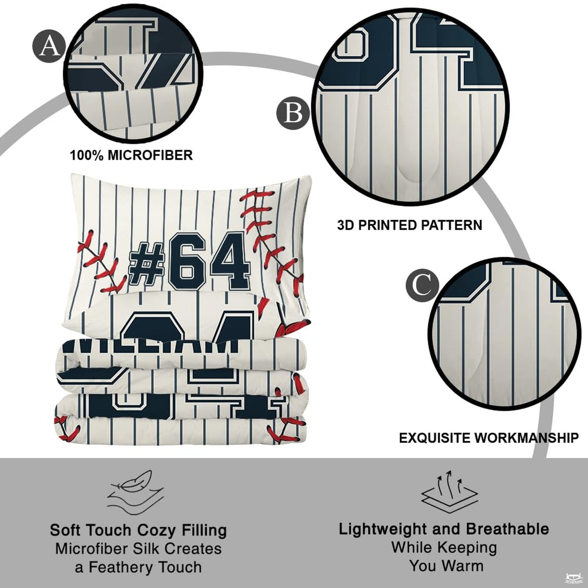Overhead view of baseball sports decor bedding featuring athletic jersey lettering and pinstripe visual design.