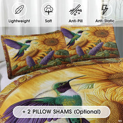 Close view of purple-wing hummingbird and sunflower bedding design
