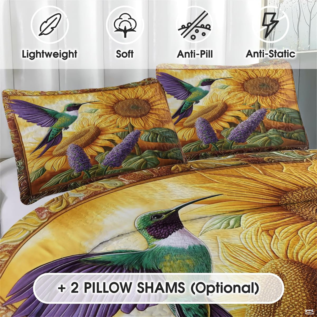 Close view of purple-wing hummingbird and sunflower bedding design