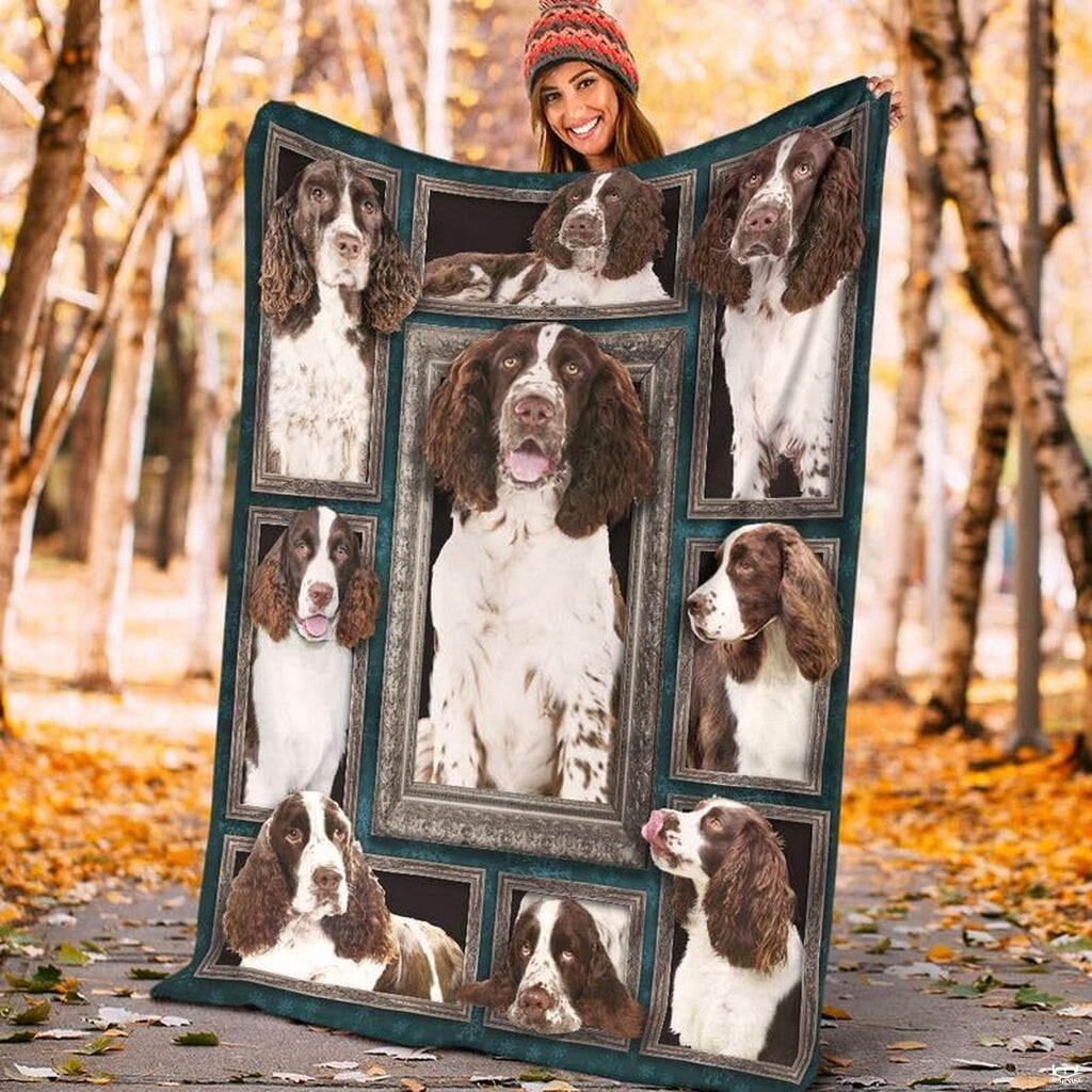 Deep teal damask pattern highlighting lifelike dog portraits in decorative antique picture frames.