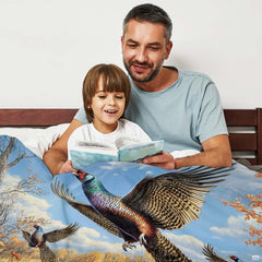 Gun dog bedding motif displaying ring-necked pheasants in flight over rust brown foliage.