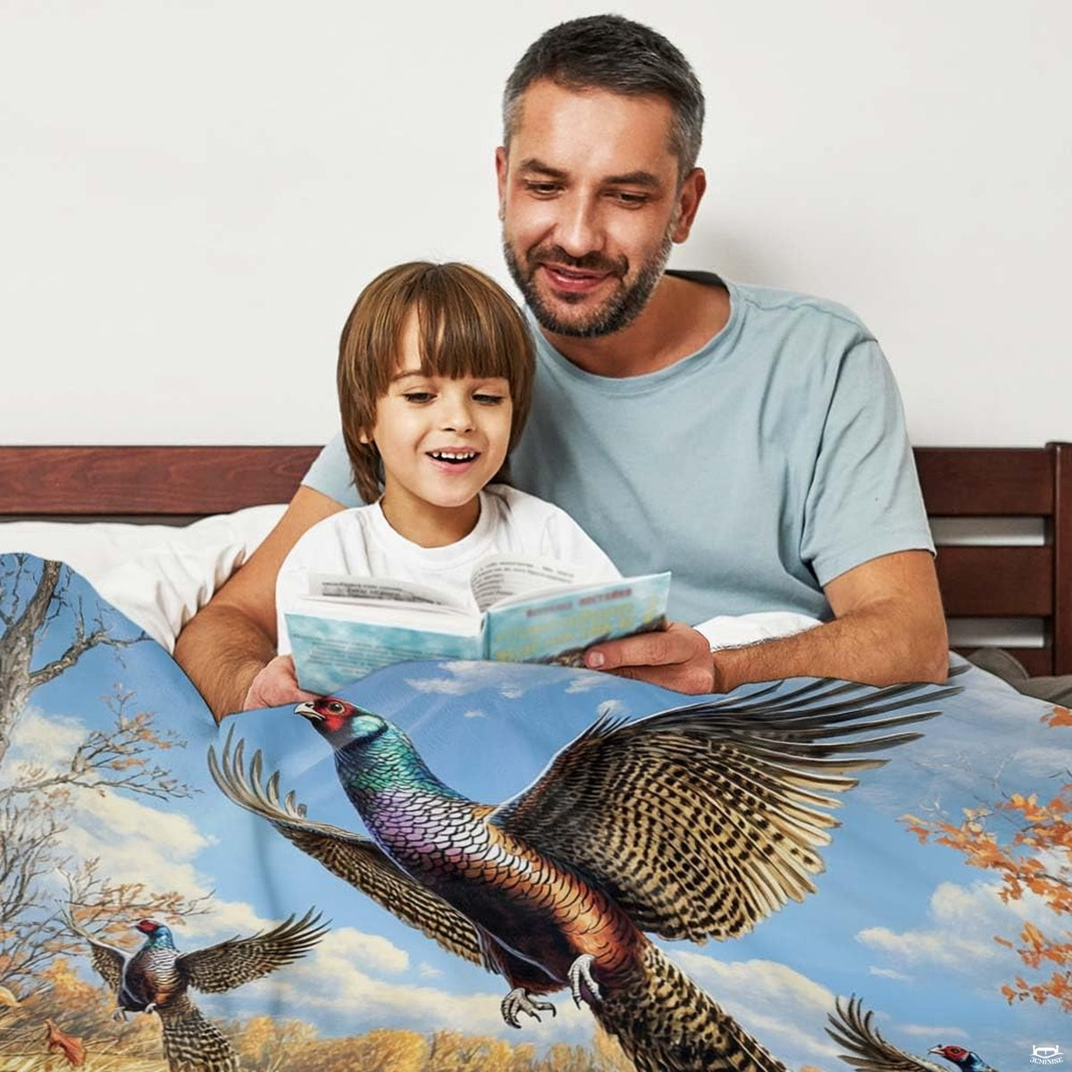 Gun dog bedding motif displaying ring-necked pheasants in flight over rust brown foliage.