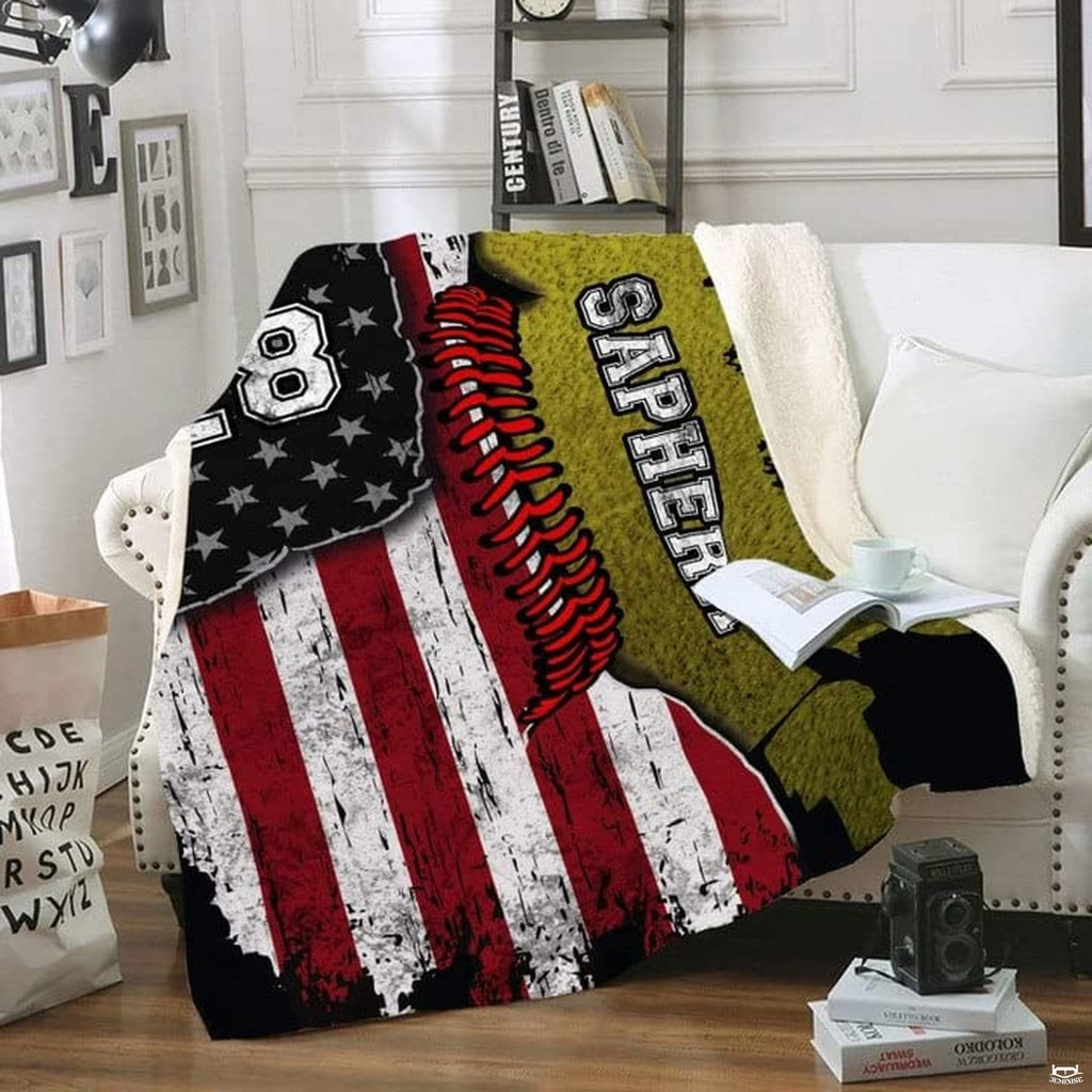Athletic block lettering and fastpitch softball graphic motif displayed neatly in a bright modern bedroom interior.