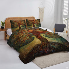 Stylized Art Nouveau bedding display featuring intricate gemstone textures and spiraling tree roots.