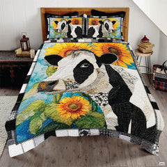 Cow with Landscape Patchwork Quilt, Animal Farmhouse Printed Quilt Set Bedding Set, Premium Patchwork Pattern Quilts Bedspread, Bedding Set with Cow Lover Gift