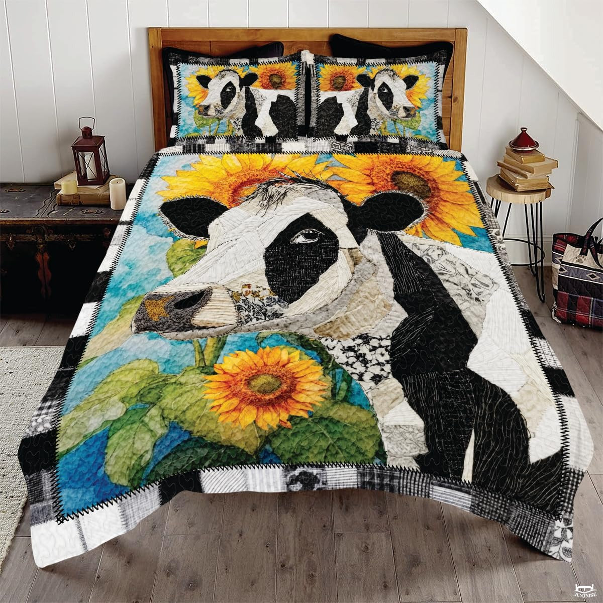 Cow with Landscape Patchwork Quilt, Animal Farmhouse Printed Quilt Set Bedding Set, Premium Patchwork Pattern Quilts Bedspread, Bedding Set with Cow Lover Gift