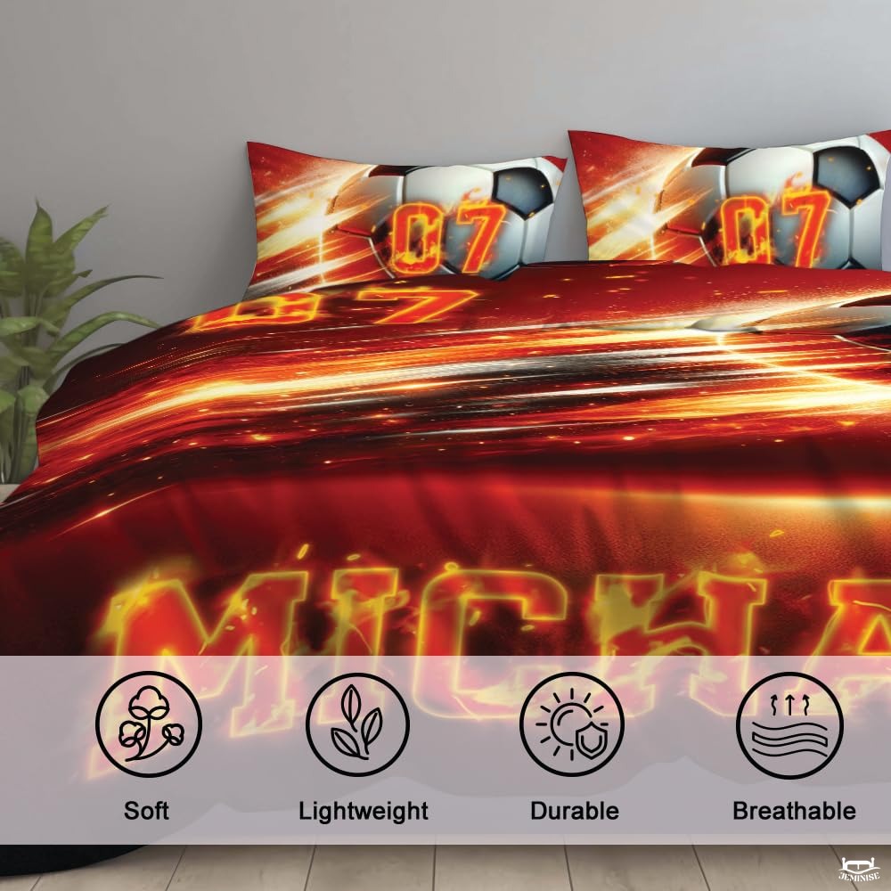 Custom Flaming Soccer Ball with Name Comforter Set, Machine Washable