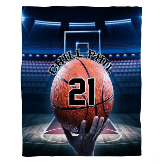 Personalized Basketball Held By Hand on Court Blanket with Name and Number