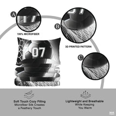 Bedroom lifestyle setup displaying monochrome soccer theme on a made bed with side nightstand.