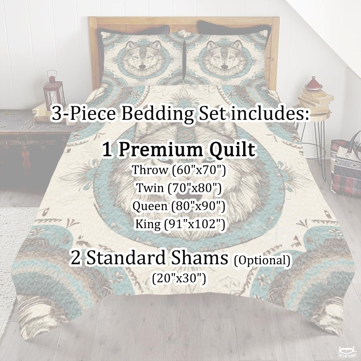 Custom Native American Inspired Wolf Head Inside Circular Frame Comforter