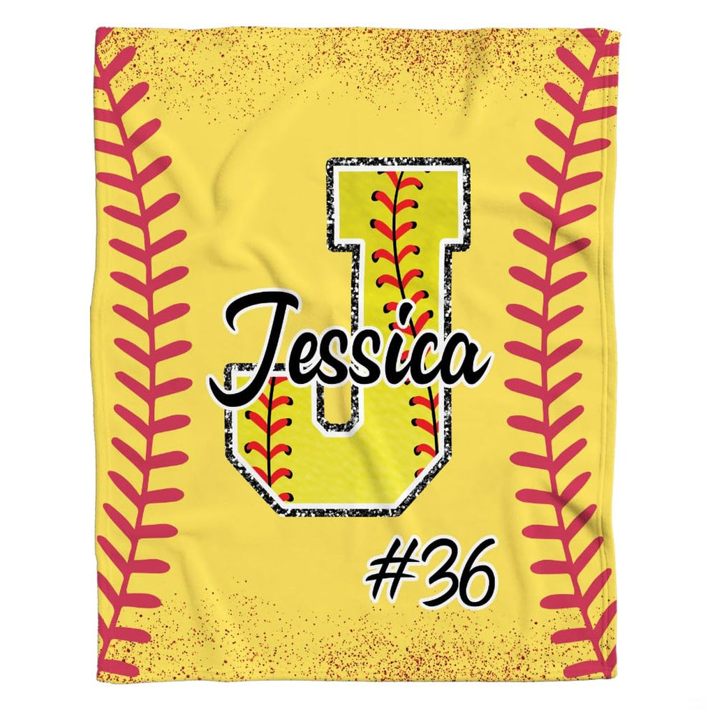 Optik yellow softball monogram athletic blanket flat lay showcasing initial and script lettering