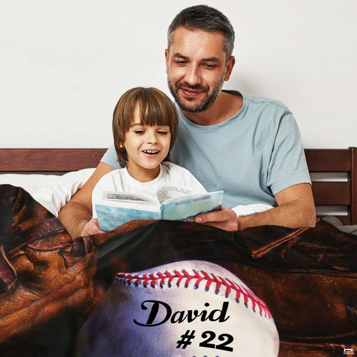 Rustic wood baseball throw blanket view 3 highlighting fielding mitt, wood grain planks, and sports styling