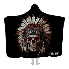 Feather headdress skull bedding set featuring glowing red eyes against black background