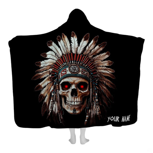 Feather headdress skull bedding set featuring glowing red eyes against black background