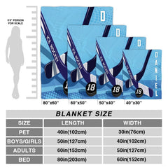 Size proportion chart illustrating available dimensions of the hockey sports throw blanket.