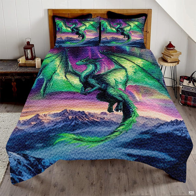 Teal green dragon flying above blue mountains under a vivid aurora sky
