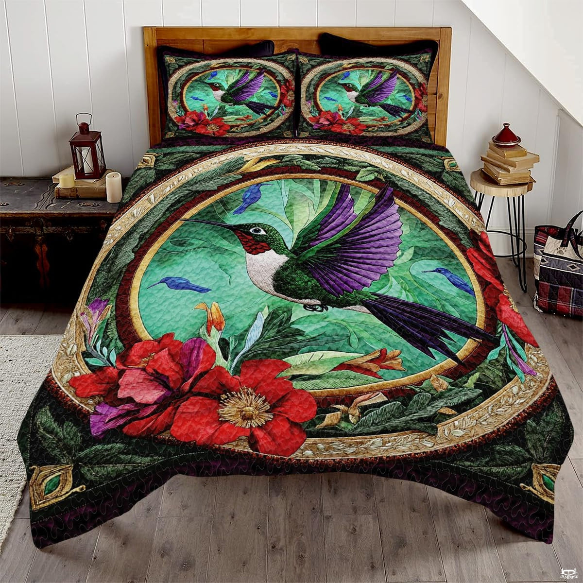 Purple wing hummingbird bedding with ornate gold oval and red flowers