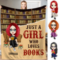 Front display of curly reader girl throw blanket featuring circular bookcase and retro text layout.