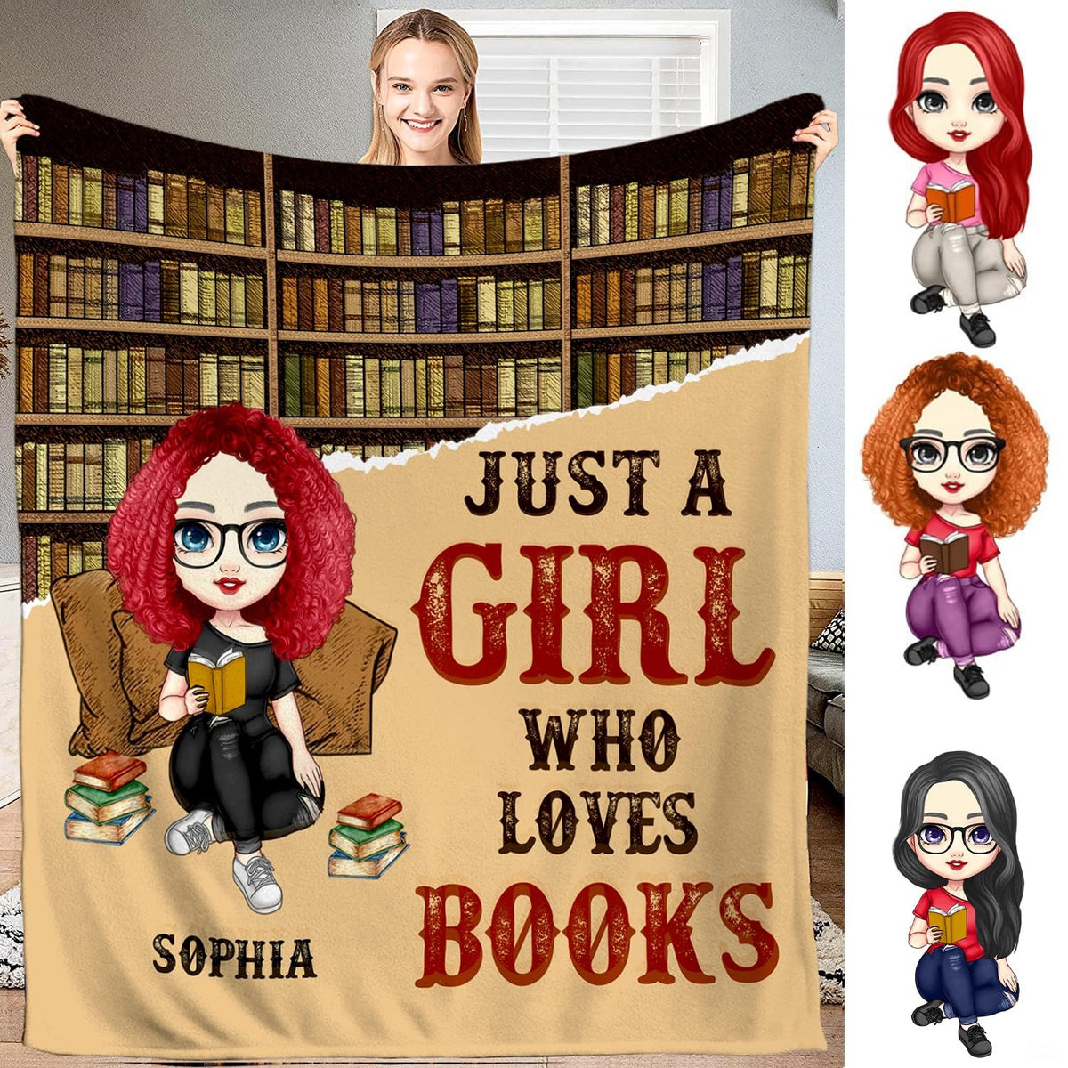 Front display of curly reader girl throw blanket featuring circular bookcase and retro text layout.