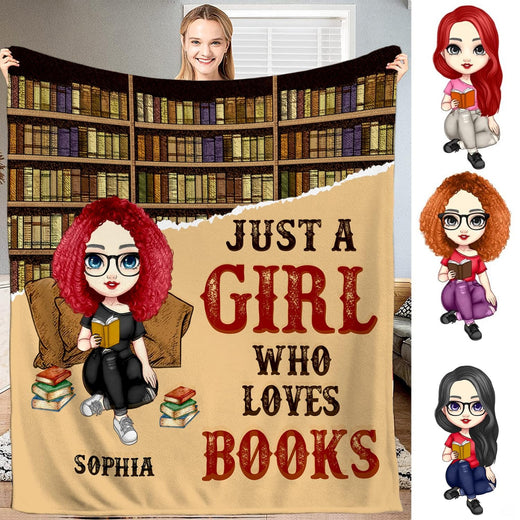 Front display of curly reader girl throw blanket featuring circular bookcase and retro text layout.