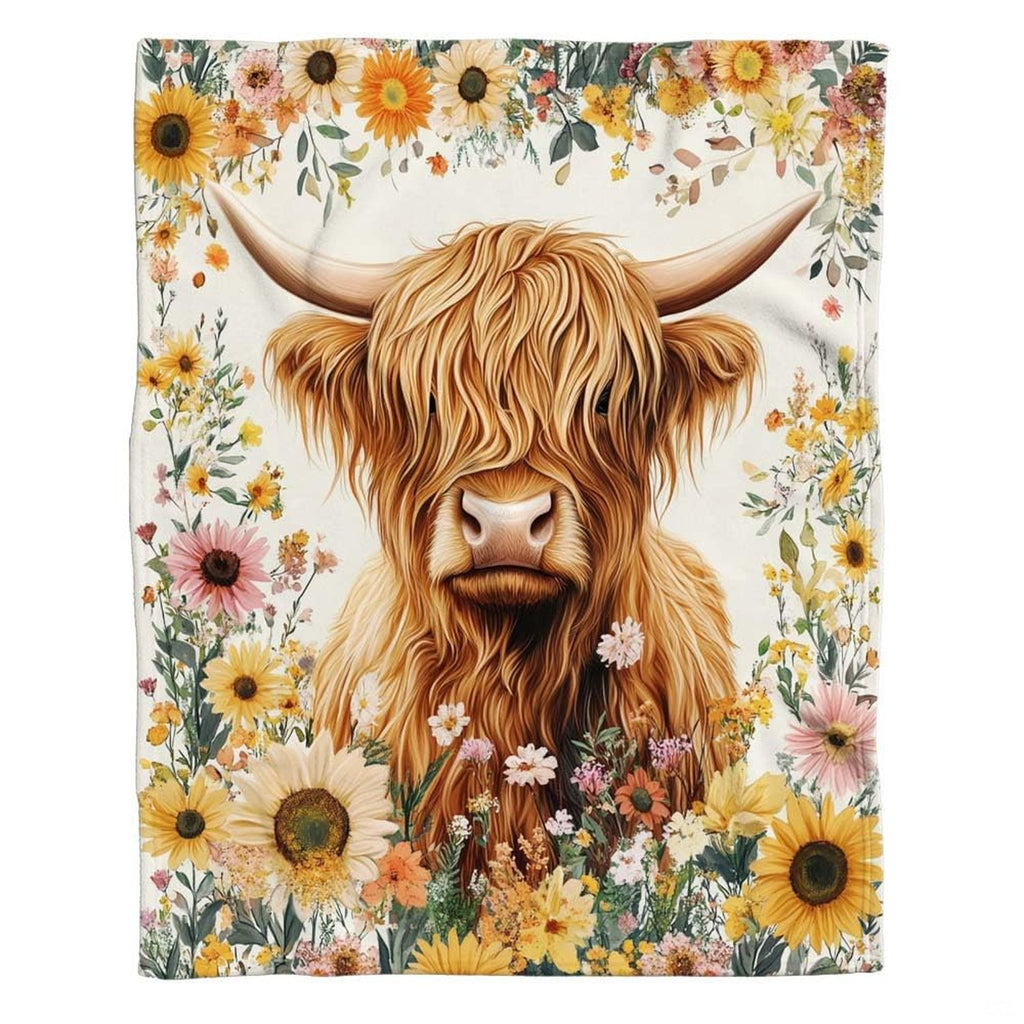 Close-up perspective of the Scottish highland cow face showing tousled ginger fur and sweeping horns
