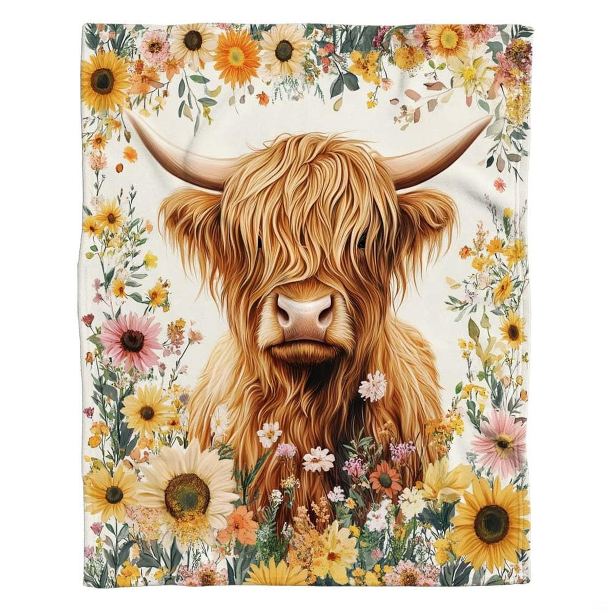 Close-up perspective of the Scottish highland cow face showing tousled ginger fur and sweeping horns