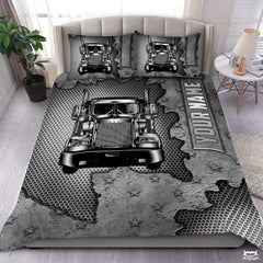 Chrome semi truck metal mesh bedding displayed on a bed with matching pillow shams.