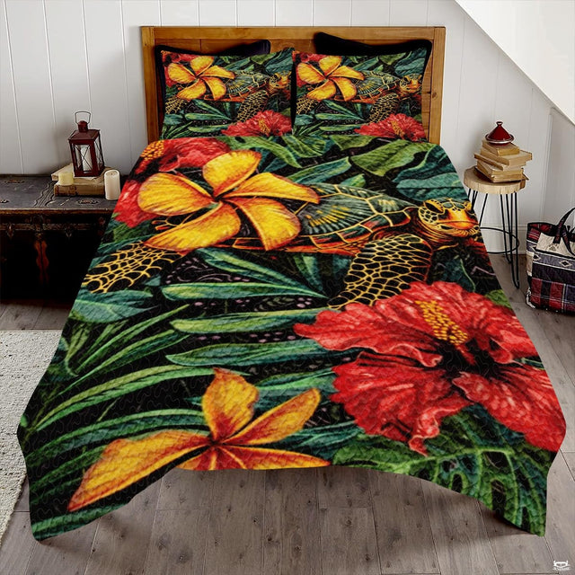Emerald green sea turtle Polynesian tribal bedding set displayed neatly on a bed in a coastal bedroom