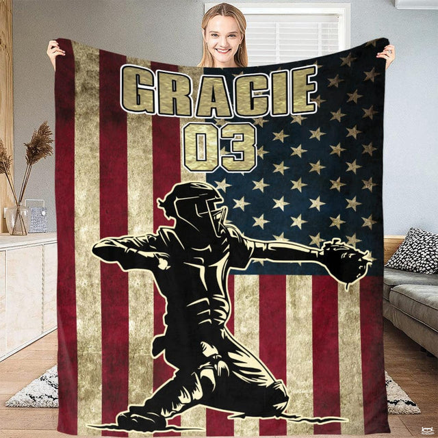 Close up macro view of patriotic catcher throw blanket highlighting fabric texture and distressed flag print